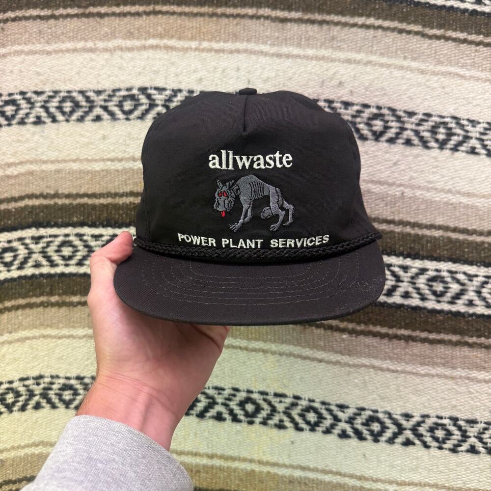 Vintage 80's Allwaste Power Plant Services Black Skinny Dog Strapback Hat Cap